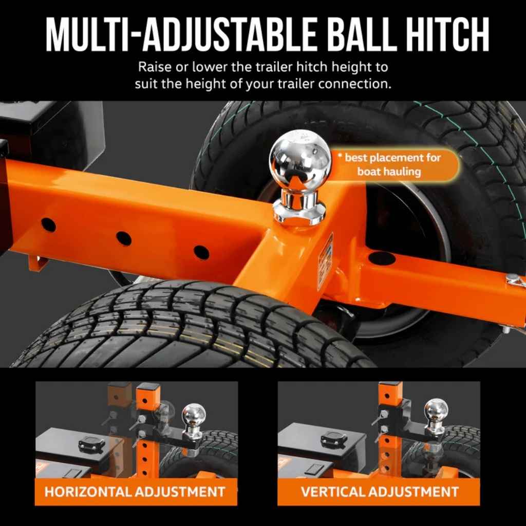 superhandy electric power dolly 7500 lbs Multi-adjustable ball hitch with tire and wheel background