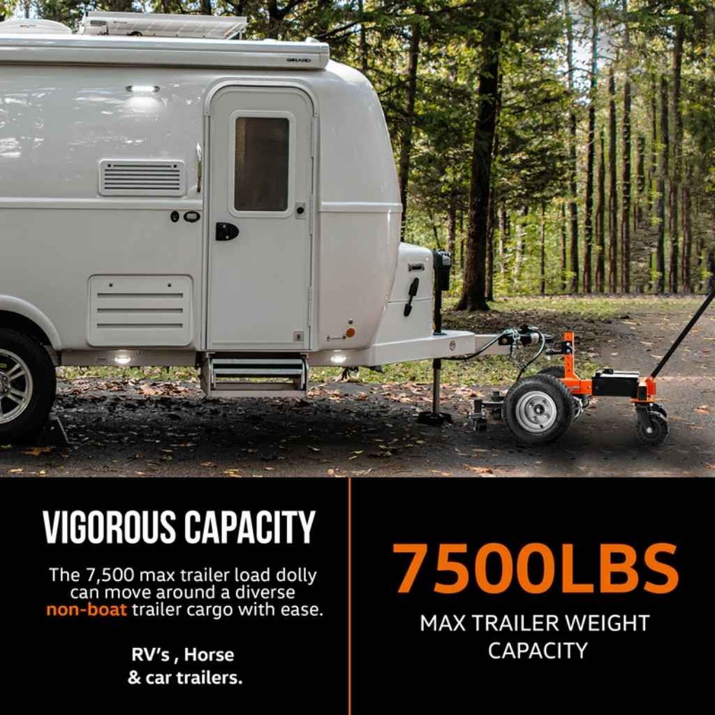 White travel trailer being pulled by a superhandy electric trailer dolly pro 7500 lbs in a forest setting, highlighting 7500 lbs max trailer weight capacity.