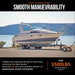Boat on a trailer being pulled by a superhandy 7500 lbs electric trailer dolly with scenic background and text about smooth maneuverability and capacity.