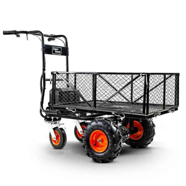 Black superhandy 48v utility cart with a wire mesh bed on a white background