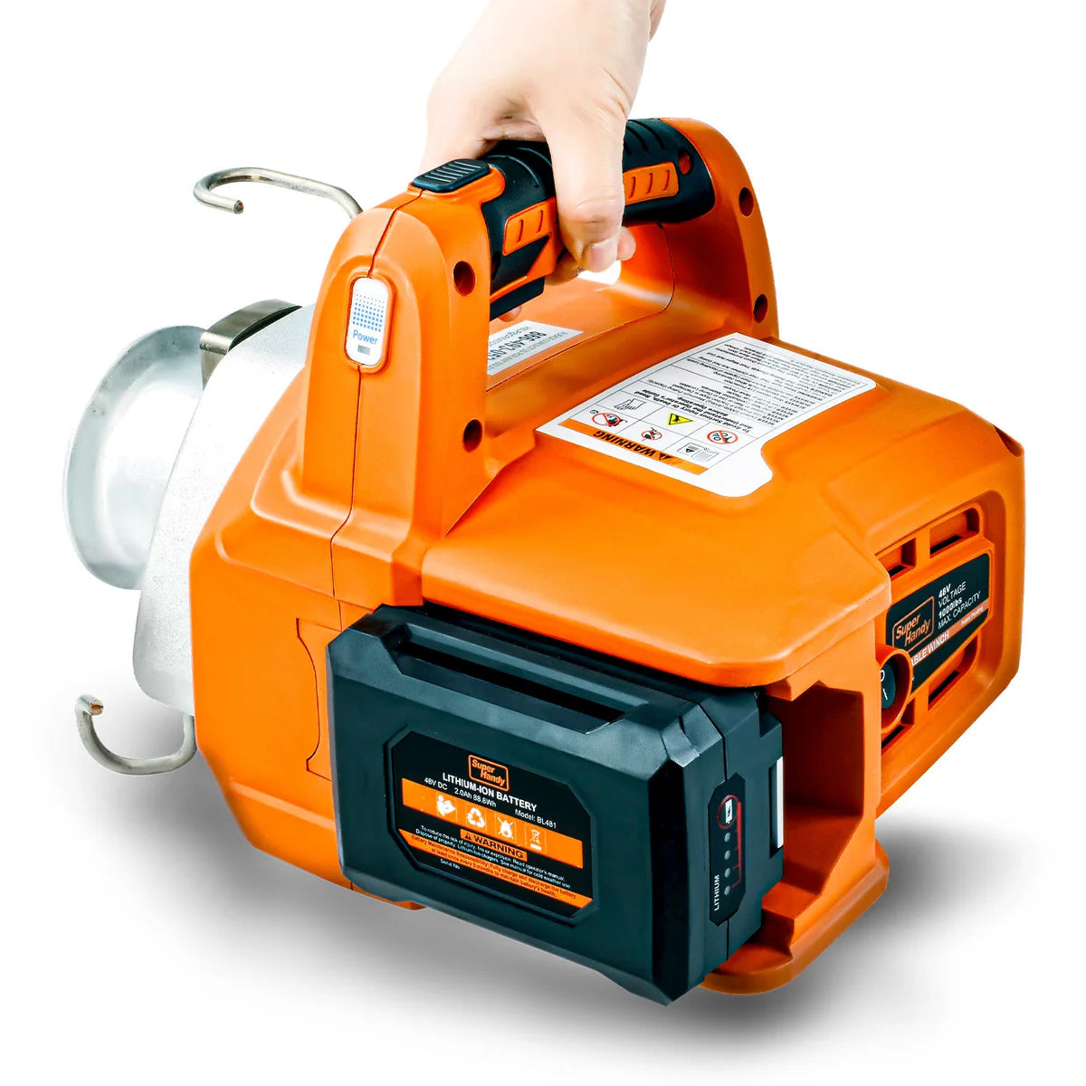 An orange and silver SuperHandy electric winch with low-stretch rope, featuring two red hooks and a carrying handle. Battery view.
