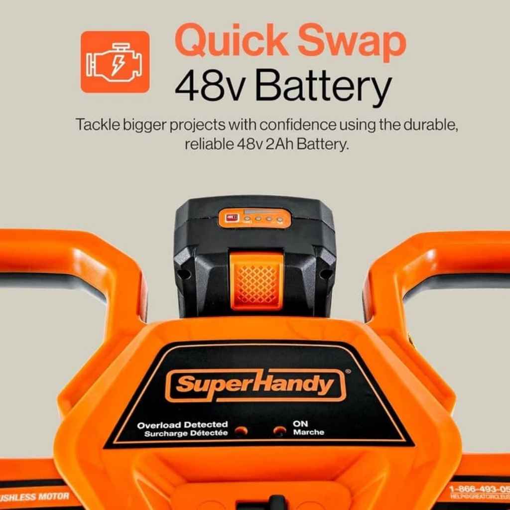 SuperHandy 48v ice drill with 'Quick Swap' feature on a beige background