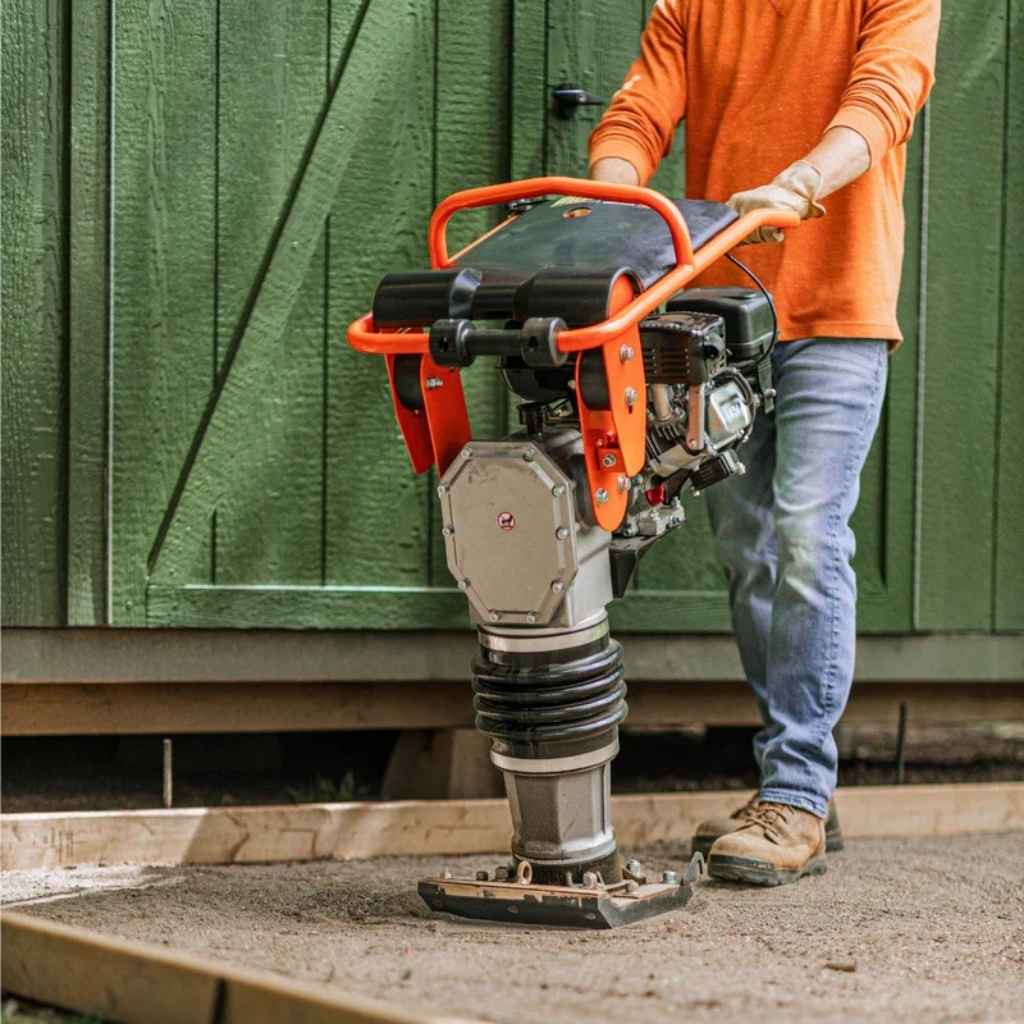Person using a superhandy tamping rammer in front of a green wooden fence