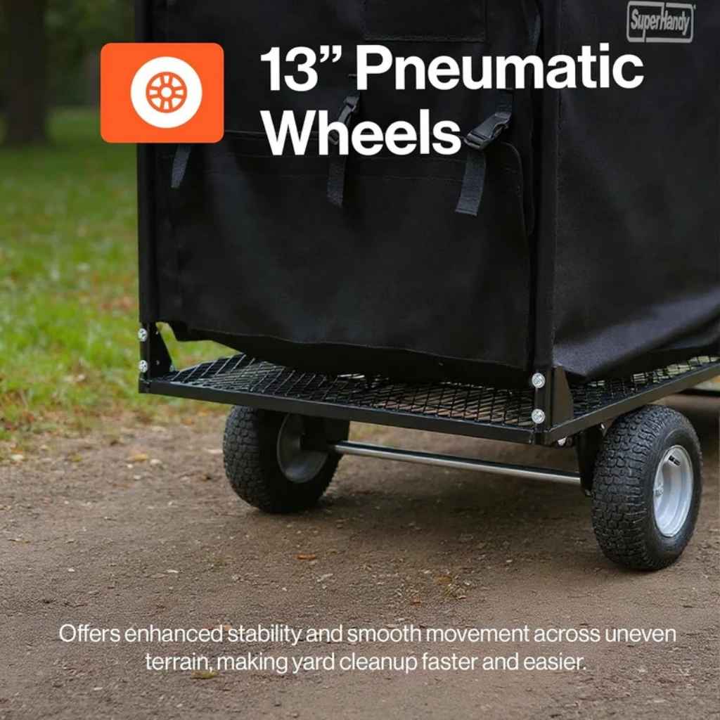 Black superhandy 180 gal leaf vacuum with 13” pneumatic wheels on a dirt path, featuring SuperHandy branding.