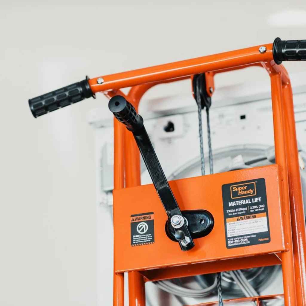 Orange superhandy material lift with visible branding on a white background