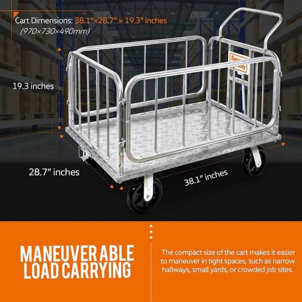superhandy Metal utility cart with dimensions labeled in a warehouse setting