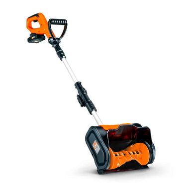 Orange and black  superhandy 20v snow shovel on a white background