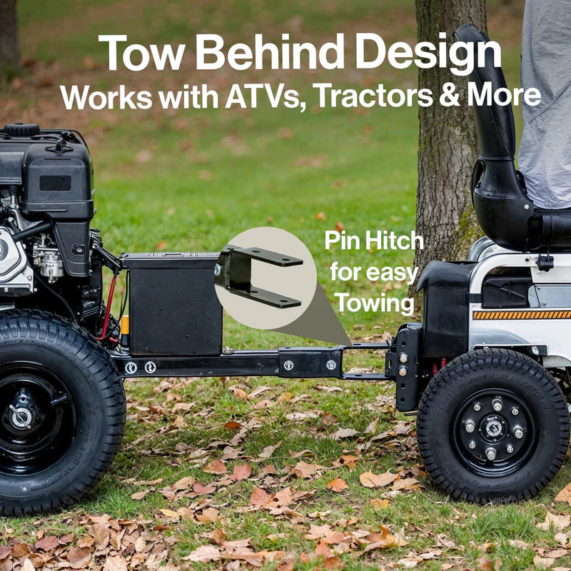 Superhandy Tow Behind leaf blower on grass with Tow behind design for ATVs and tractors text with a pin hitch on a grassy background.