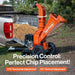 Orange SuperHandy 4 inch towable wood chipper attached to a pickup truck with text highlighting features.