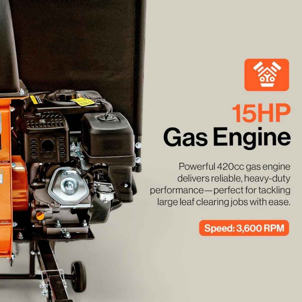 superhandy tow behind 180 gal leaf blower with 15HP gas engine with specifications on a gray background