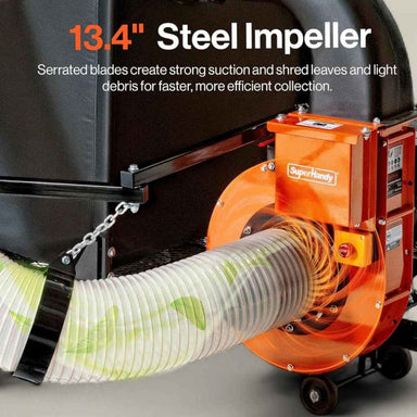superhandy 180 gallon Leaf vacuum with 13.4-inch steel impeller and text describing its features.