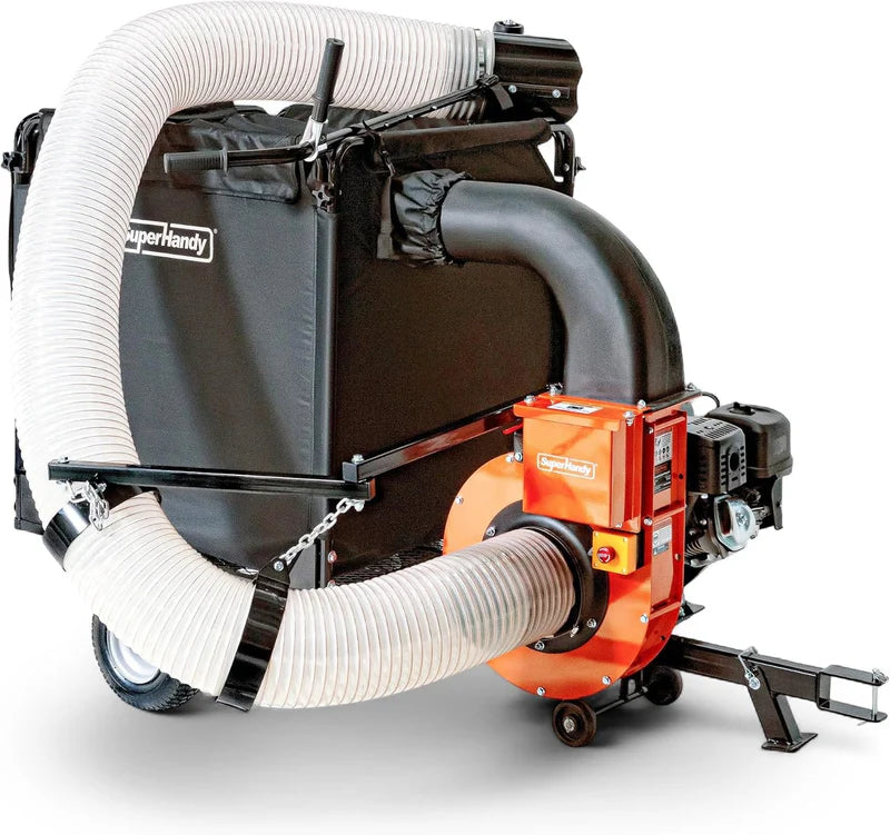 superhandy tow behind leaf vacuum with hoses and visible brand logo on a white background