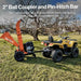 ATV towing an orange Super-Handy 4 inch towable wood chipper with text about 2-inch ball coupler and pin-hitch bar.