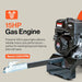 15HP gas engine for a superhandy 4 inch towable wood chipper shredder with specifications on a beige background