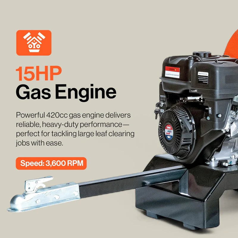 15HP gas engine for a superhandy 4 inch towable wood chipper shredder with specifications on a beige background
