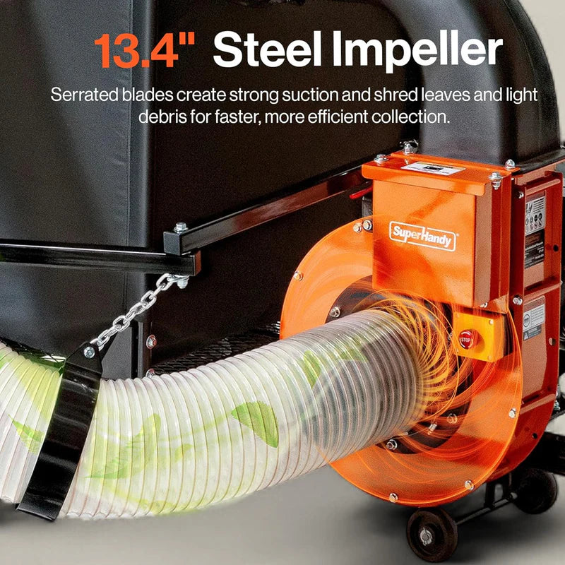  Superhandy tow behind leaf vac with 13.4-inch steel impeller and SuperHandy branding.