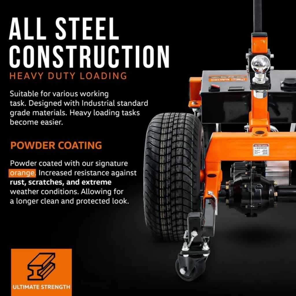 Orange superhandy electric trailer dolly 7500 lbs with text highlighting all steel construction and powder coating on a black background.