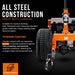 Orange superhandy electric trailer dolly 7500 lbs with text highlighting all steel construction and powder coating on a black background.