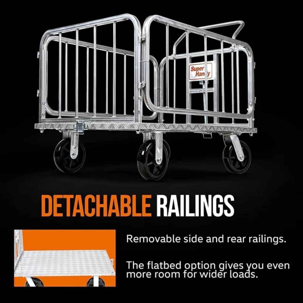 superhandy truck and trailer with detachable railings on a black background