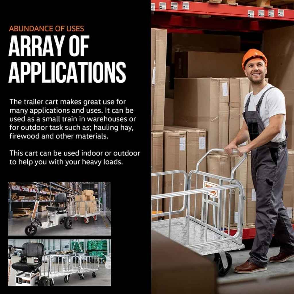 Person using a superhandy truck and trailer in a warehouse with text about its applications.