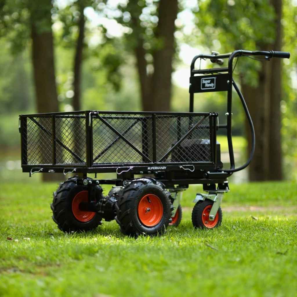 Black superhandy 48v utility wagon with orange wheels on a grassy area with trees in the background