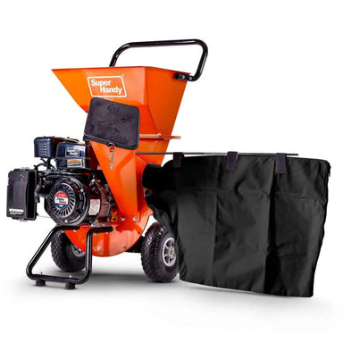 An orange and black superhandy 7 hp woodchipper pro with the black leaf bag attached on a white background