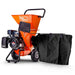 An orange and black superhandy 7 hp woodchipper pro with the black leaf bag attached on a white background