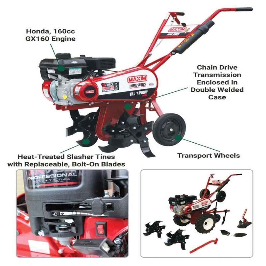 Maxim till 'n plow with engine and attachments on a white background