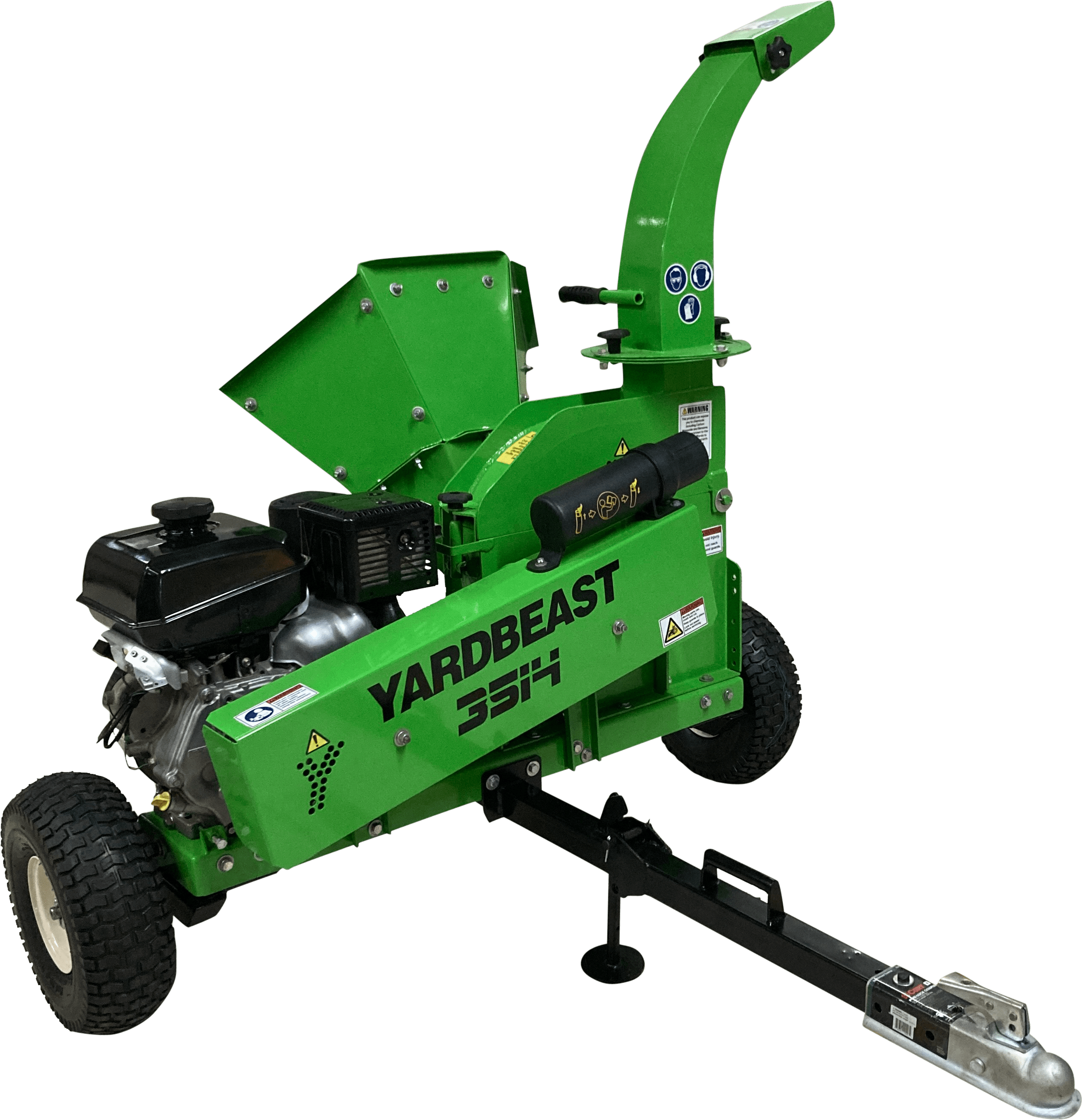 Green yardBeast 3514 Atv Wood chipper with 'Yard Beast' branding on a clear background