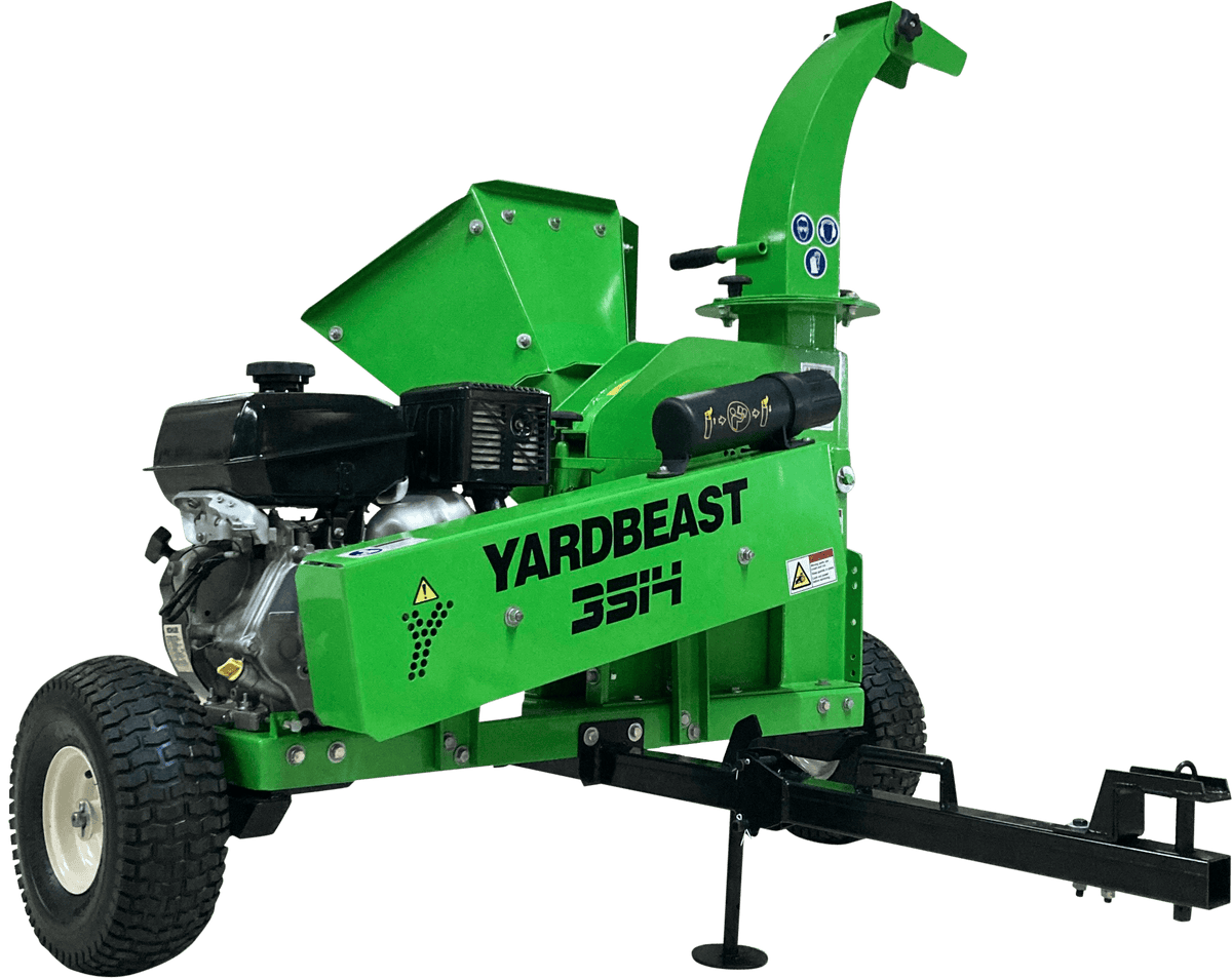 Green yardBeast 3514 Atv Wood chipper shredder on a transparent background front view with yardbeast 3514 logo showing