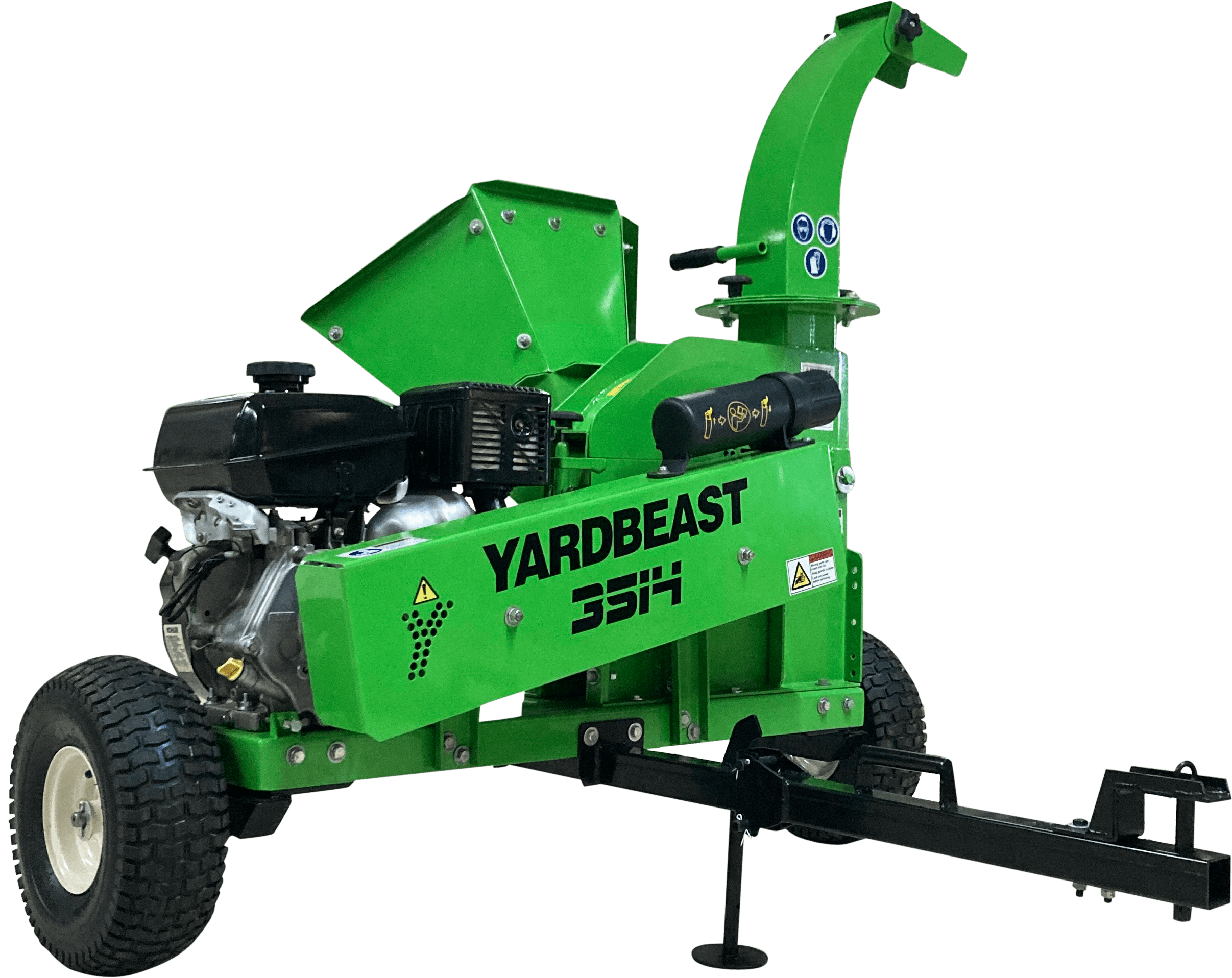 Green yardBeast 3514 Atv Wood chipper shredder on a transparent background front view with yardbeast 3514 logo showing