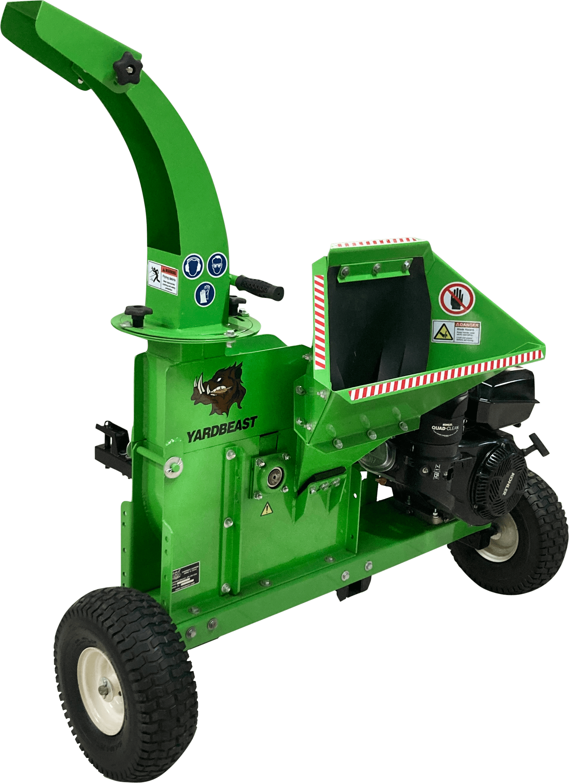 Green yardBeast 3514 Atv self feeding Wood chipper on a transparent background back mouth view.