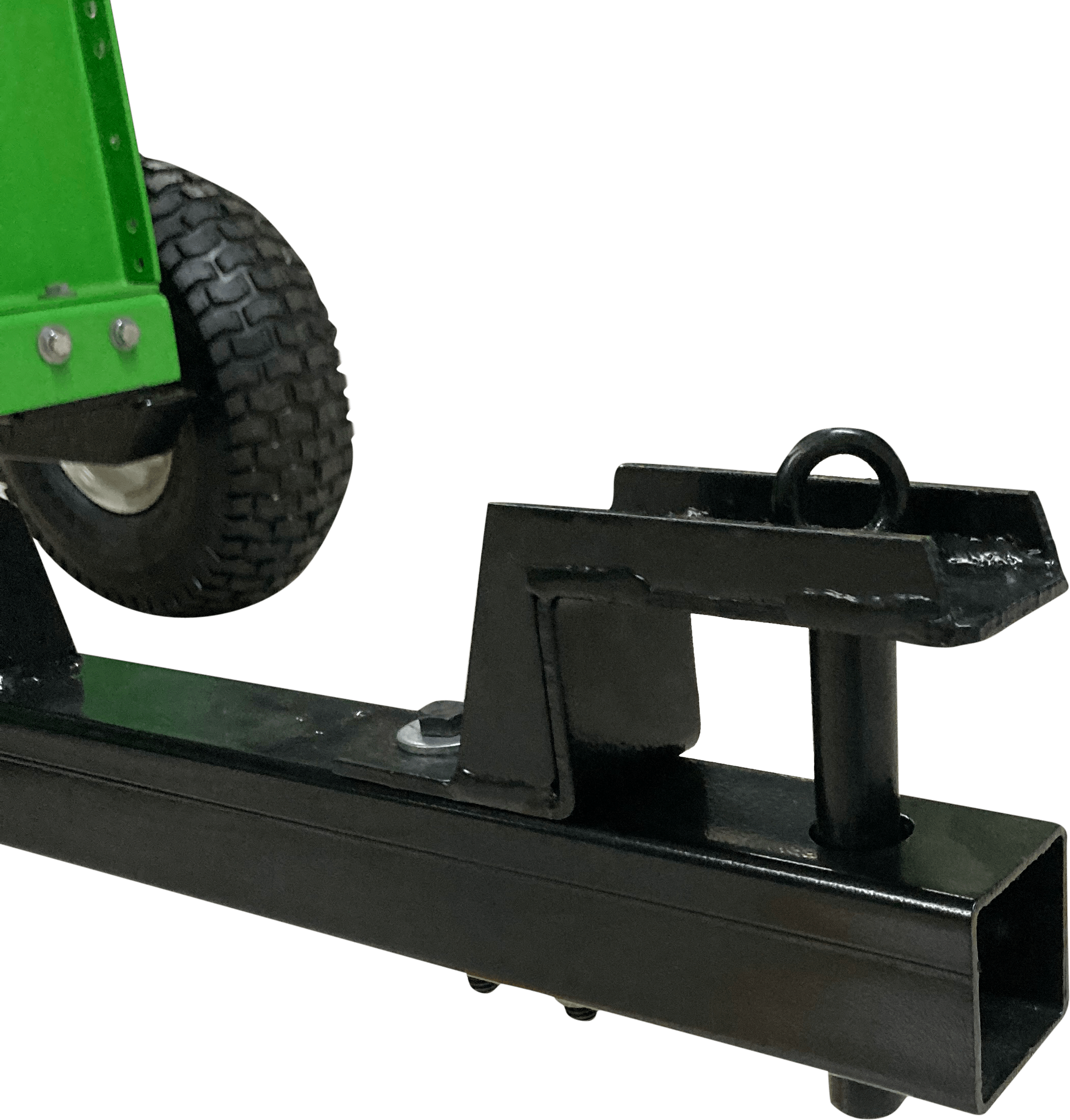 Close-up of a green yardBeast 3514 Atv self feeding Woodchipper with a black metal hitch on a transparent background