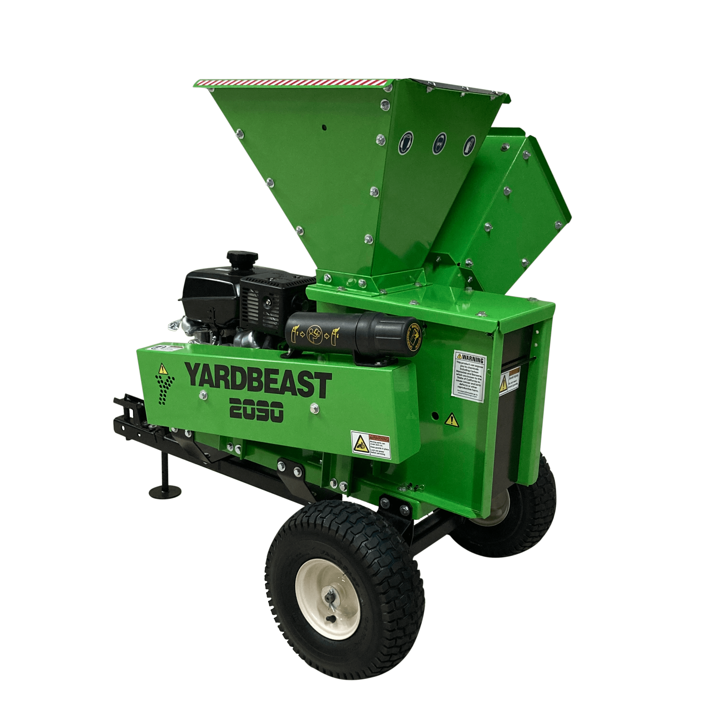 Green yard beast 2090 wood chipper labeled 'Yardbeast' on a transparent background