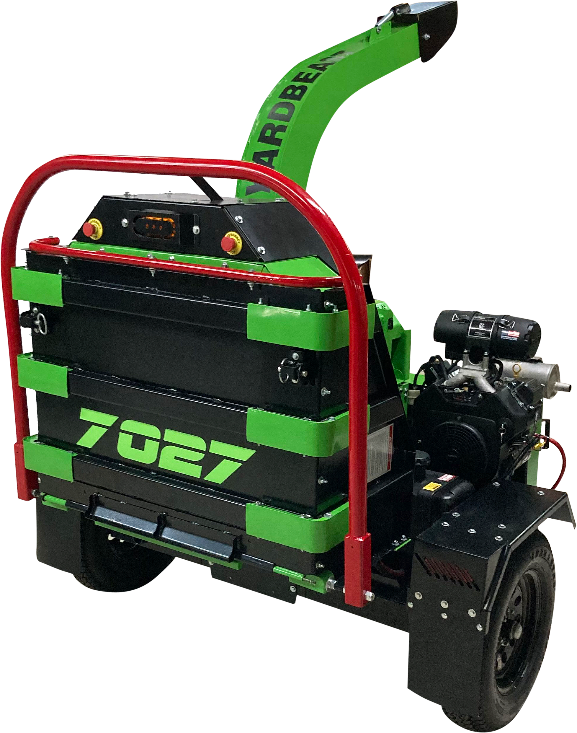Green and black yarbeast 7027 wood chipper with red accents on a white background back view