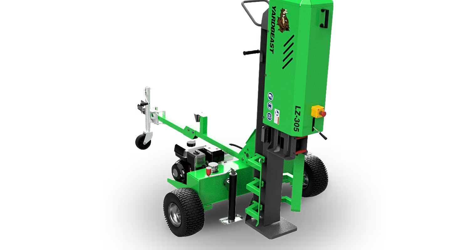 Green yardbeast LZ 305 25 ton log splitter on a white background in vertical position