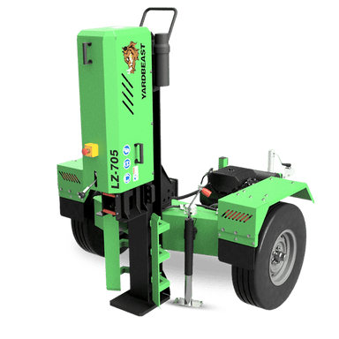 Green YardBeast LZ-705 Logsplitter with 'Yard Beast' branding on a transparent background in vertical position with yardbeast logo on the side.