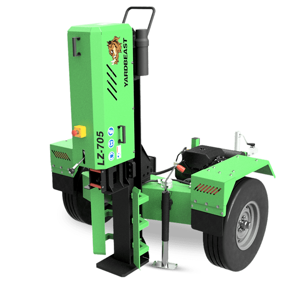 Green YardBeast LZ-705 Logsplitter with 'Yard Beast' branding on a transparent background in vertical position with yardbeast logo on the side.