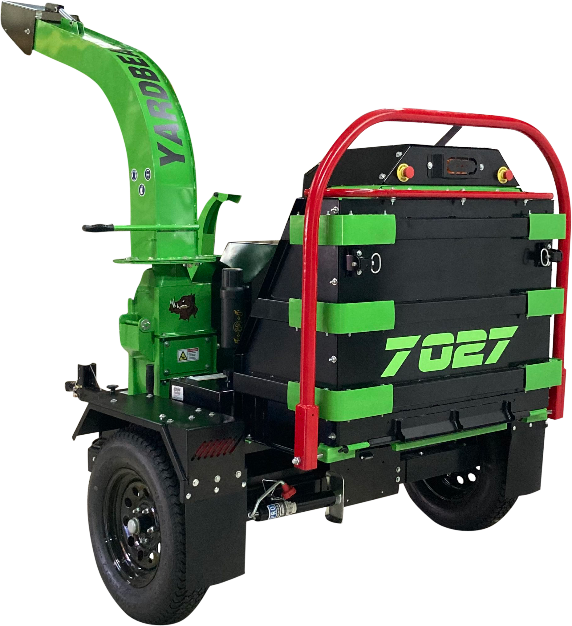 Green and black yardbest 7027 wood chipper with red accents on a white background