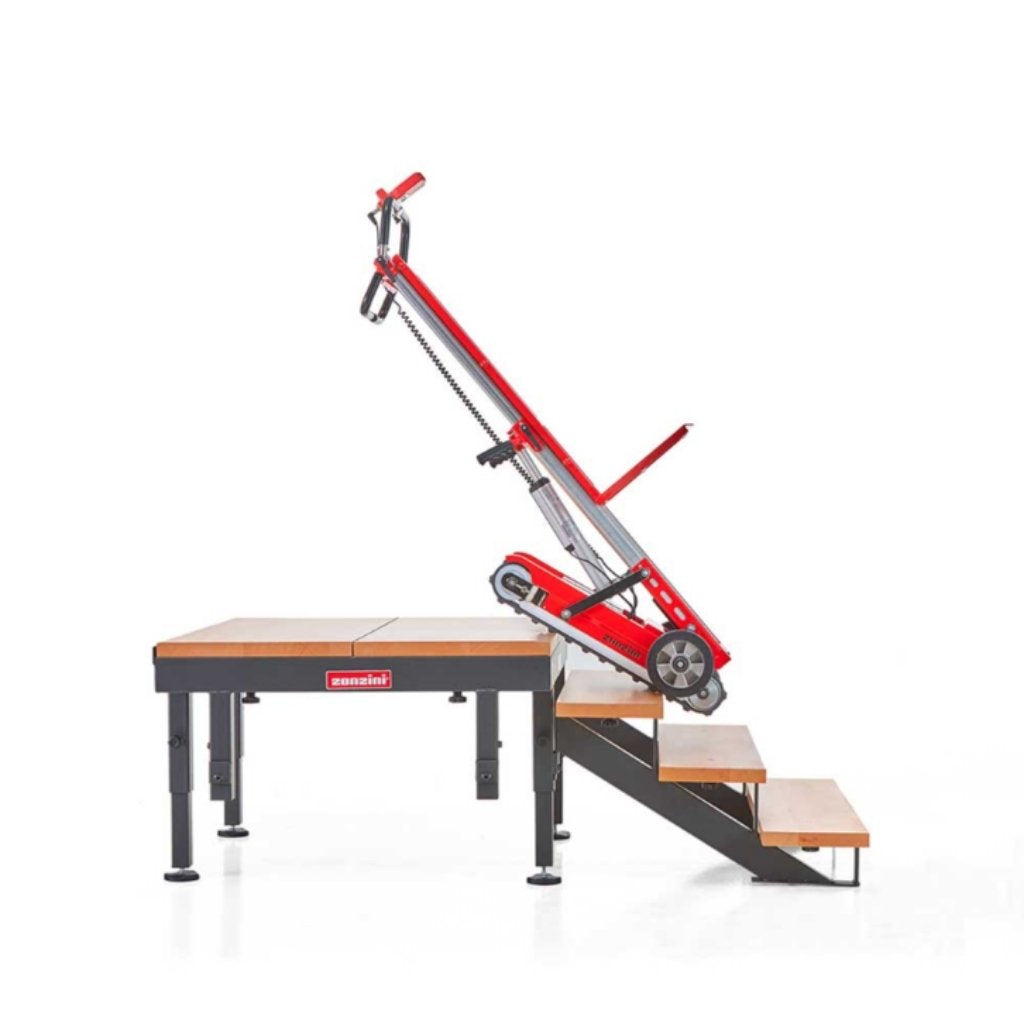 Red and gray zonzini buddy lift stair crawler attached to a platform with a white background